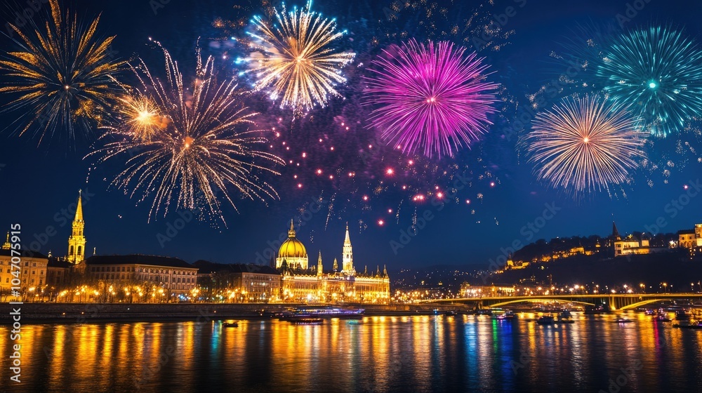 Fototapeta premium Fireworks exploding in vibrant colors over a European riverfront, providing plenty of room for text.