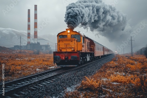 Orange Freight Train Chugging Through Industrial Landscape photo