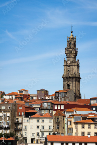 Clerigos Church and Old Traditional Houses on Porto City, Portugal on Sunny Day