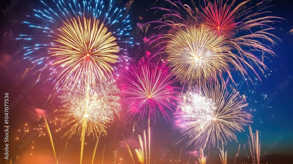 Fototapeta premium Multiple fireworks bursting across the night sky, leaving ample copy space below.