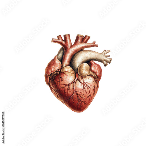 A detailed illustration of a human heart, showcasing its anatomical structure with visible arteries and veins against a black background. photo