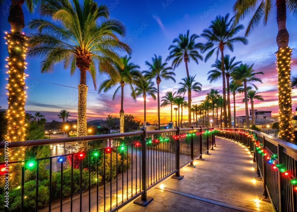Fototapeta premium Christmas Lights on Palm Trees and Railings for Festive Decor