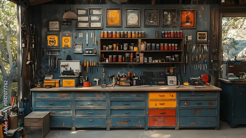 Rustic Workshop Interior with Wooden Workbench and Tools