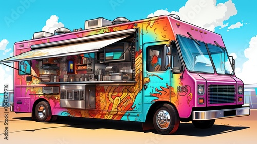 A vibrant food truck with a colorful design and open serving window.