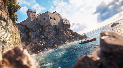 sea, coast, Dubrovnik, old town, Croatia, digital art, landscape, sunny day at sea