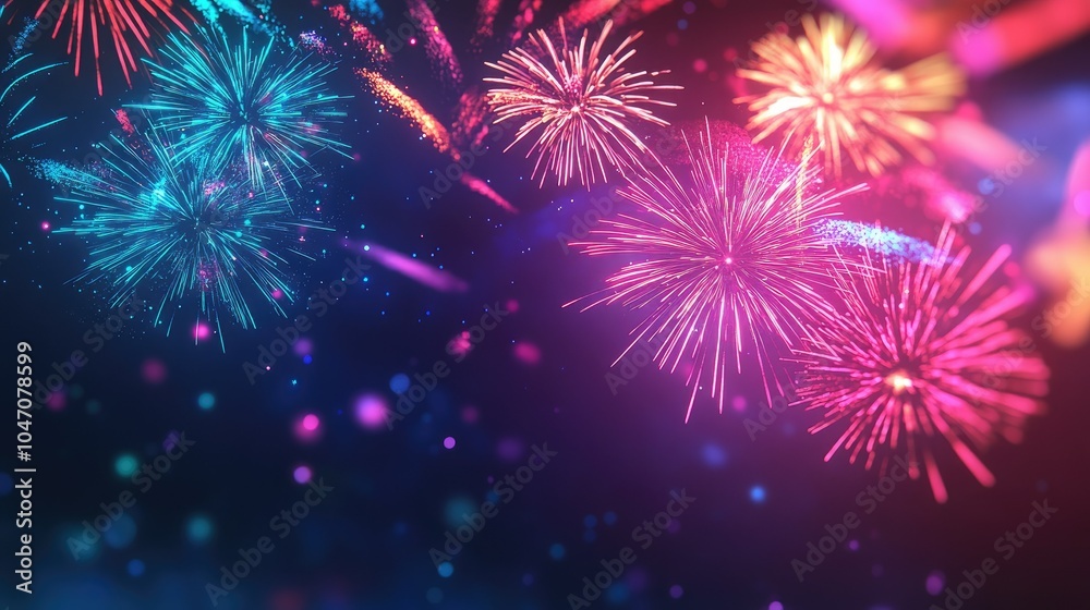Vibrant fireworks bursting into the night sky, providing open space at the bottom for copy or designs Vibrant fireworks bursting into the night sky, providing open space at the bottom for copy or designs