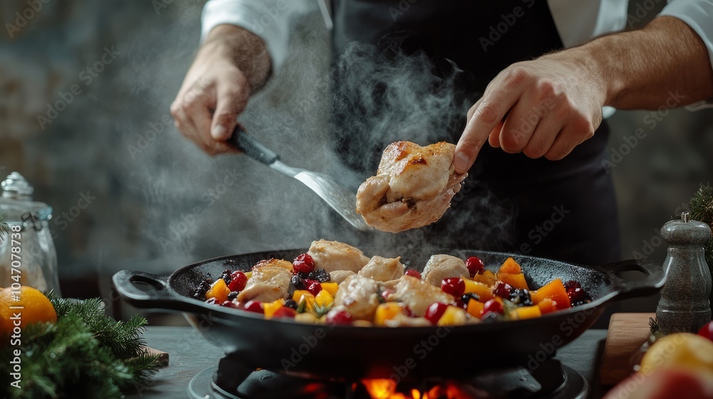 On the backdrop of a concrete wall, the cook bakes chicken with fruit for a holiday, such as Christmas or New Year's. Background information for the menu and recipe preparation On the backdrop of a concrete wall, the cook bakes chicken with fruit for a holiday, such as Christmas or New Year's. Background information for the menu and recipe preparation