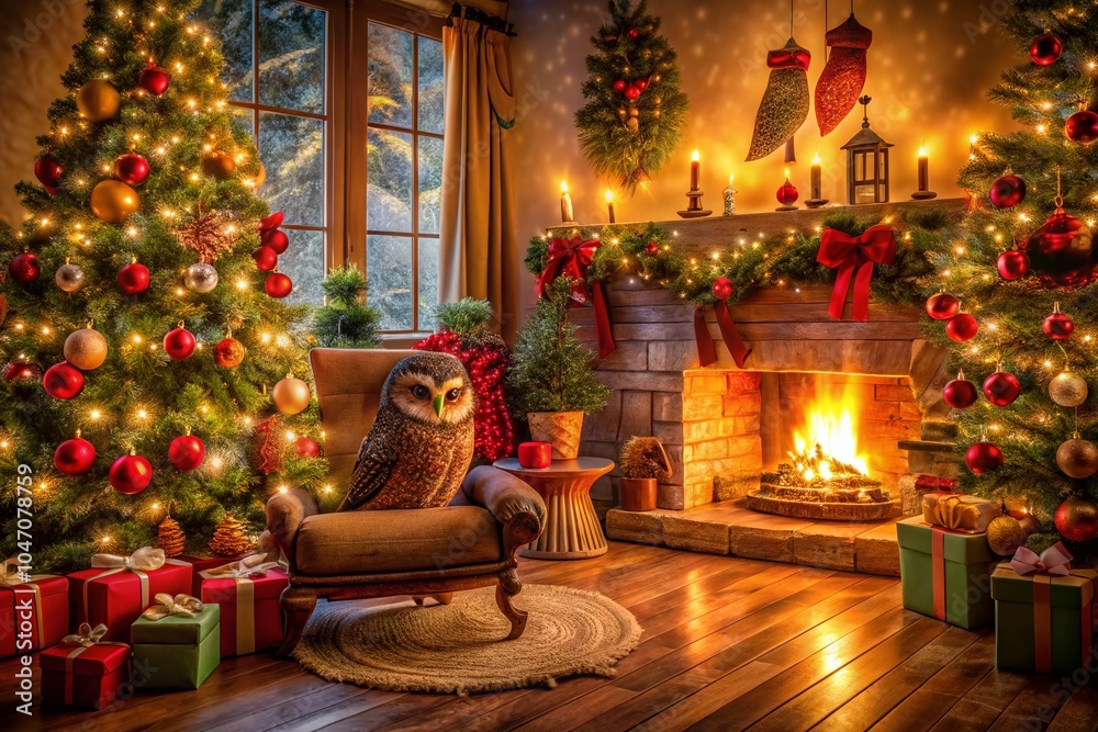 Obraz premium Christmas Owl Drawing in Cozy Architectural Setting with Warm Lights and Holiday Decor