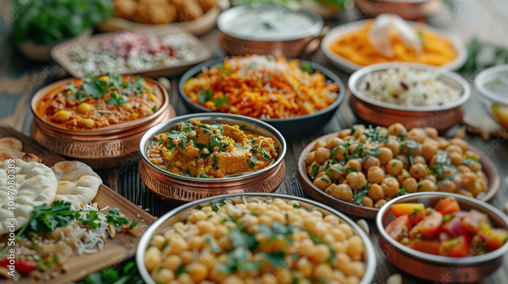 A table spread with a variety of traditional Indian dishes, including curries, rice, and naan bread. A table spread with a variety of traditional Indian dishes, including curries, rice, and naan bread.