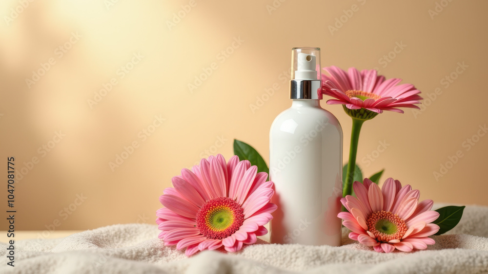 Close-up of lotion bottle and flowers. Close-up of lotion bottle and flowers.