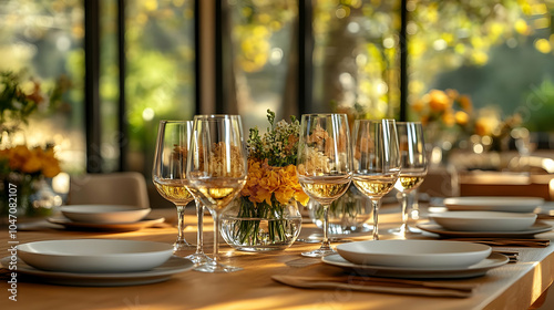 Table Setting with Wine Glasses and Yellow Flowers