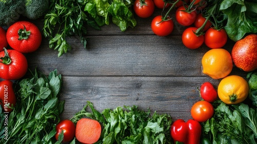 A vibrant collection of fresh produce laid out on a wooden surface, top view, with space for copy available