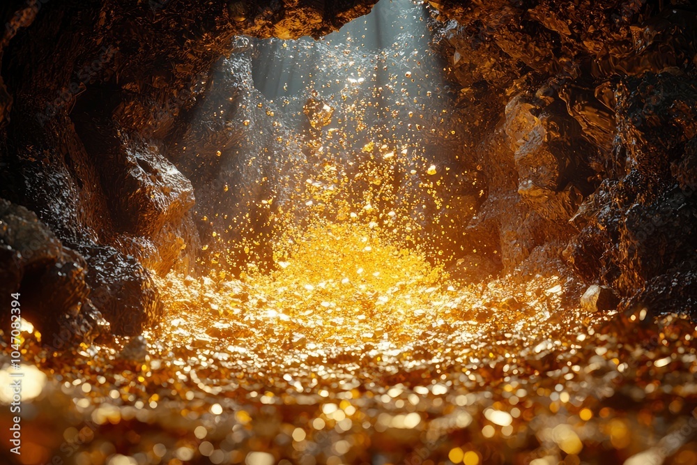 Golden Treasure Cave with Light Beam and Glittering Gold Golden Treasure Cave with Light Beam and Glittering Gold