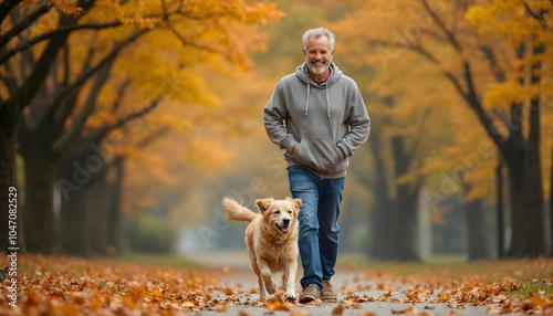 middle-aged man walking his dog in a park