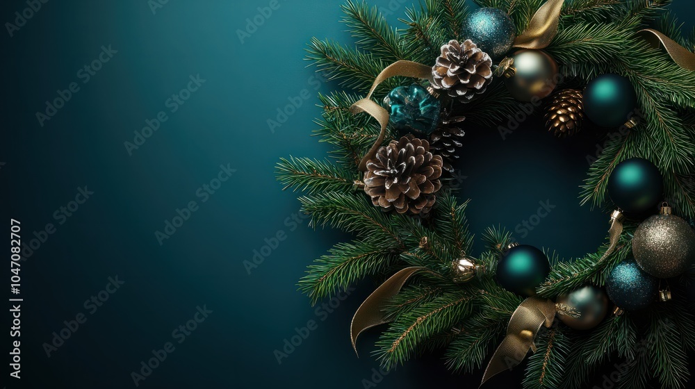 A festive wreath of evergreen branches adorned with ornaments and ribbons for Christmas celebration preparation A festive wreath of evergreen branches adorned with ornaments and ribbons for Christmas celebration preparation