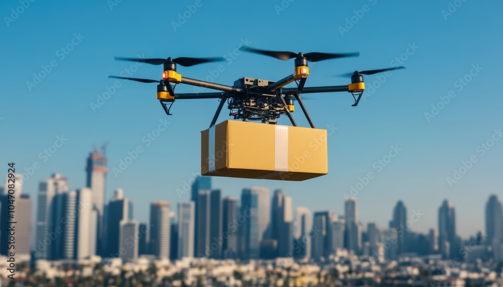 A drone carrying a yellow cargo box flies over a modern city skyline, showcasing the innovative technology of aerial delivery services in urban environments. A drone carrying a yellow cargo box flies over a modern city skyline, showcasing the innovative technology of aerial delivery services in urban environments.