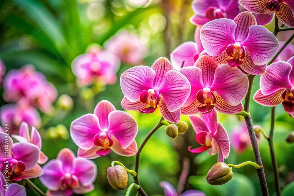Obraz premium Closeup of Delicate Pink Orchid Flowers with Lush Green Leaves - Vibrant Floral Display for Nature and Garden