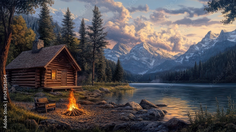 Fototapeta premium a log cabin sits next to a lake with a campfire in the foreground