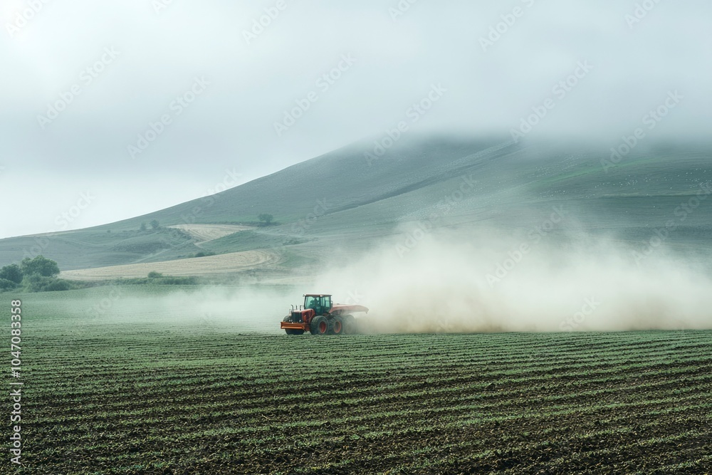 Fototapeta premium Tractor Spreading Fertilizer in Foggy Field