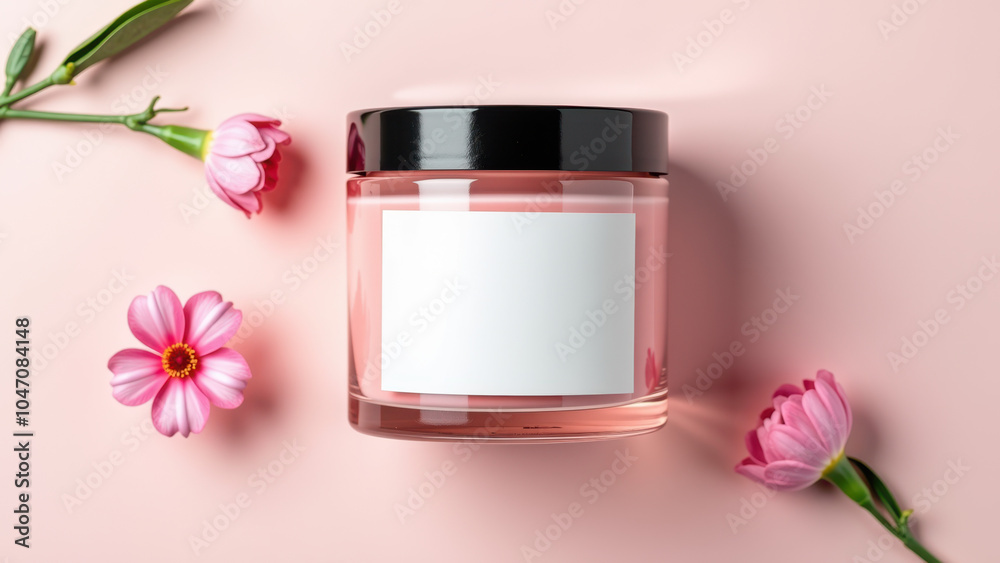 A clear jar filled with pink liquid, surrounded by delicate pink flowers on a soft pink background. A clear jar filled with pink liquid, surrounded by delicate pink flowers on a soft pink background.