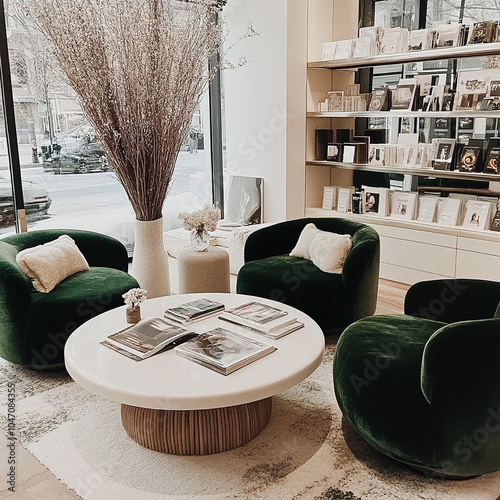 kith inspired store lounge with green accents and a nice round coffee table with magazine on top. akin to a aritzia photo