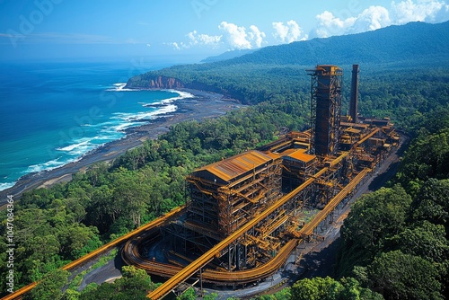 Industrial Complex Near a Coastal Forest and Ocean photo