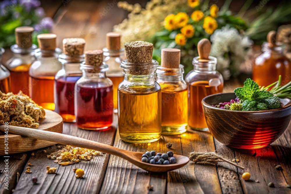 Cough Medicine in Portrait Style: Bottles and Spoons for Home Remedies Cough Medicine in Portrait Style: Bottles and Spoons for Home Remedies