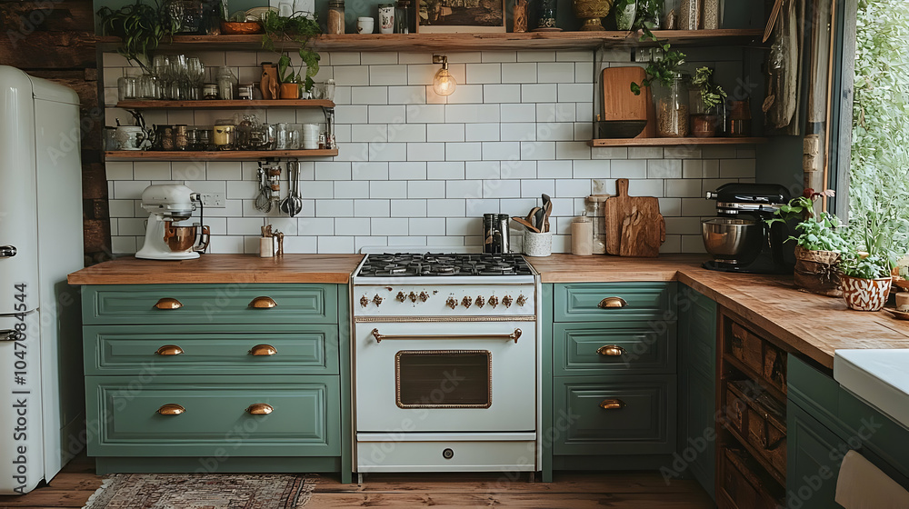 Green Kitchen Cabinets with White Stove and Wooden Countertop - Illustration Green Kitchen Cabinets with White Stove and Wooden Countertop - Illustration