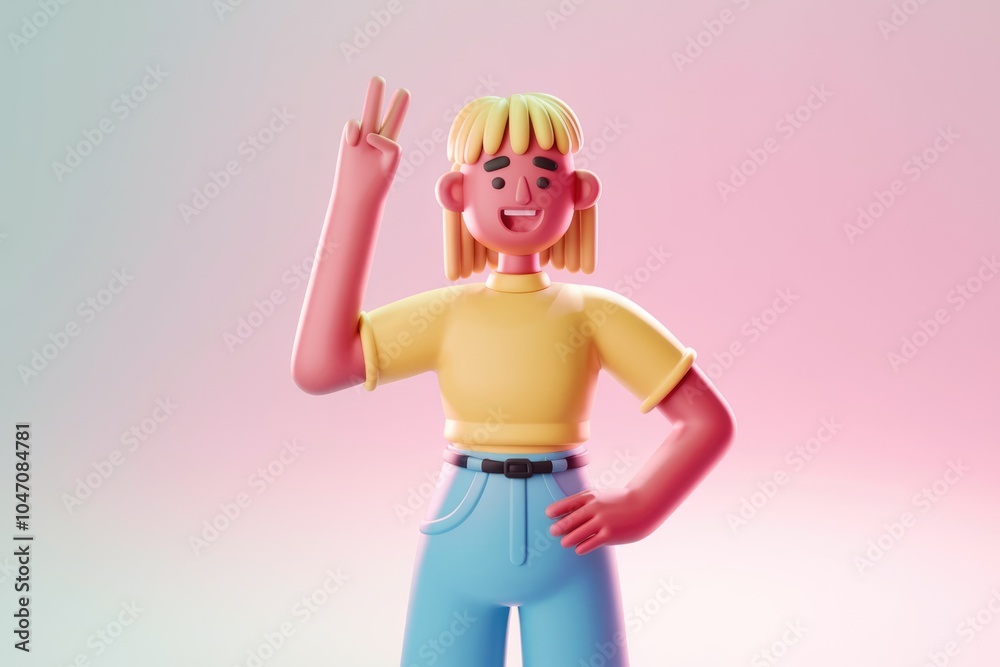 A 3D cartoon character with blonde hair giving a peace sign. A 3D cartoon character with blonde hair giving a peace sign.