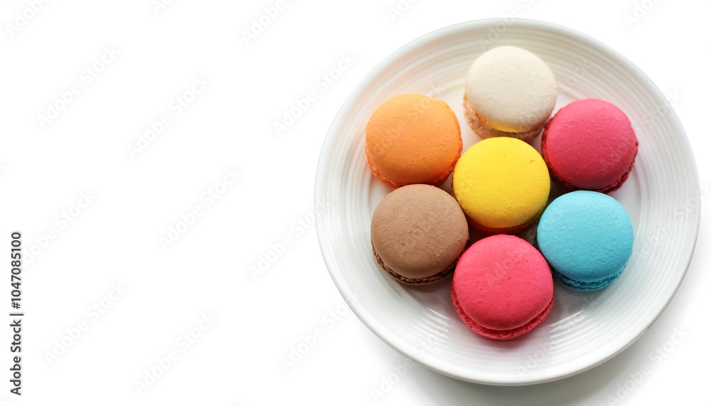 A clean white plate filled with colorful macarons on side position provides copy space for text. background concept isolated white A clean white plate filled with colorful macarons on side position provides copy space for text. background concept isolated white
