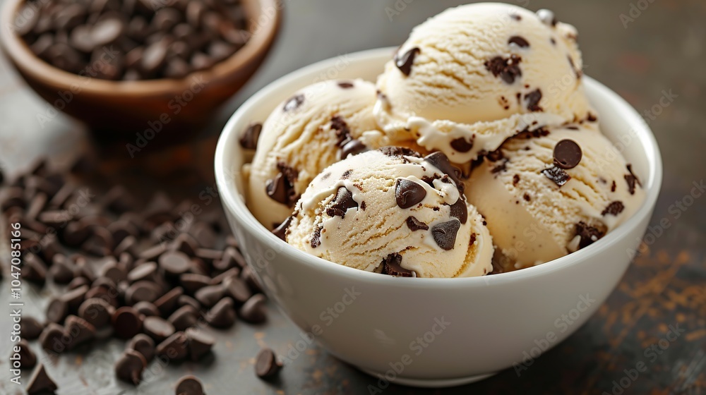 A white bowl filled with three scoops of vanilla ice cream with chocolate chips on top, next to a small bowl of chocolate chips. A white bowl filled with three scoops of vanilla ice cream with chocolate chips on top, next to a small bowl of chocolate chips.