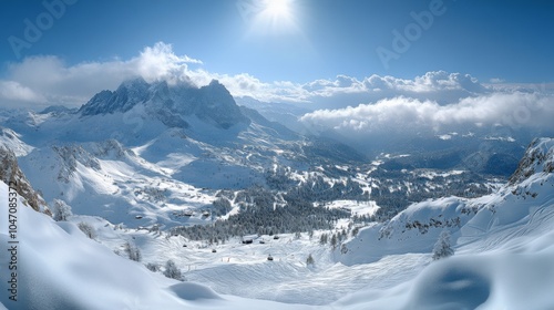 Winter Ski Resort high quality photo. Mountains and forest trees, vail snowy landscape. Family holidays vacation background.