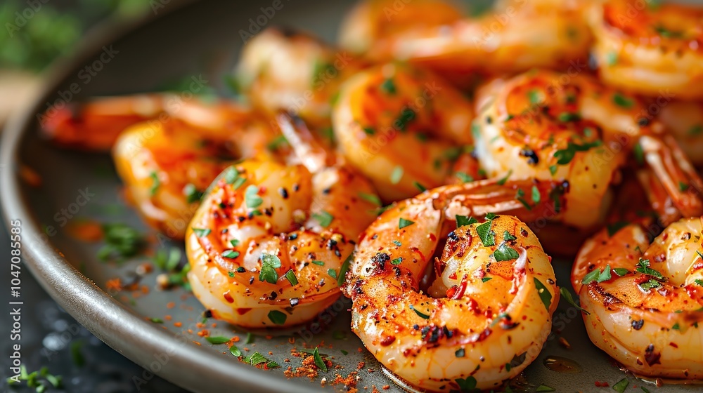 Closeup of grilled shrimp with parsley on a gray plate. Closeup of grilled shrimp with parsley on a gray plate.