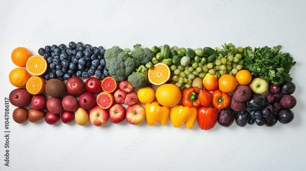 Fresh fruits and vegetables arranged neatly on a plain background, with plenty of room for copy space on the side Fresh fruits and vegetables arranged neatly on a plain background, with plenty of room for copy space on the side