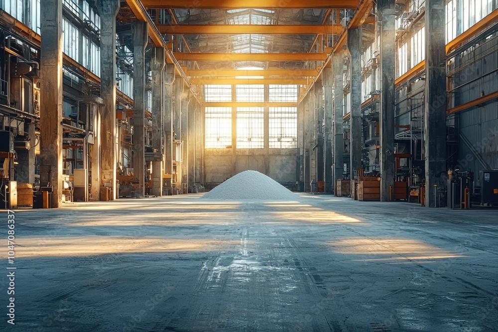 A Pile of White Material in a Large Industrial Building A Pile of White Material in a Large Industrial Building
