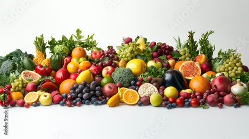 Fresh fruits and vegetables neatly arranged on a light background, with plenty of room for copy space