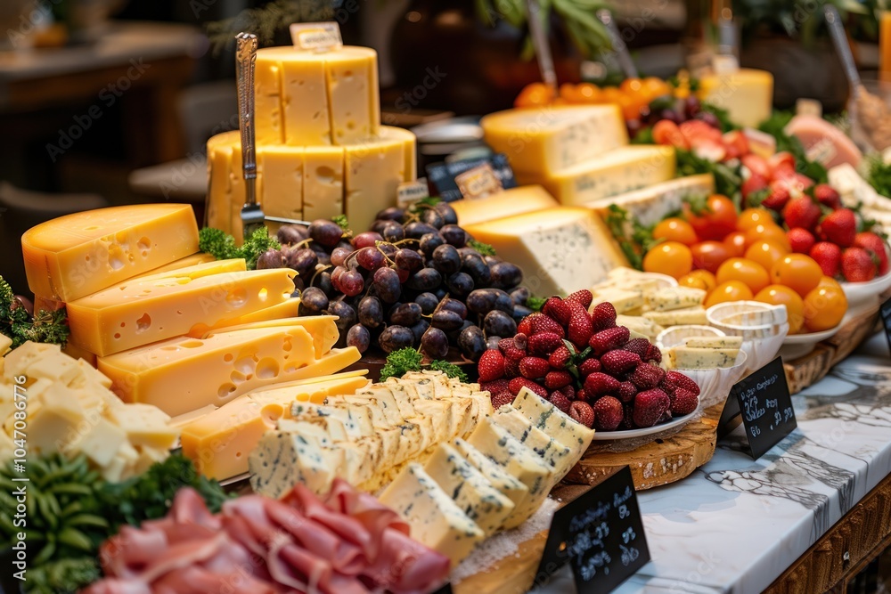 A vibrant display of assorted cheeses, fruits, and charcuterie, showcasing a colorful spread perfect for a gourmet feast.