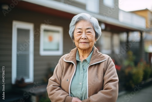 Smiling elderly woman standing outside a senior living facility on a sunny day