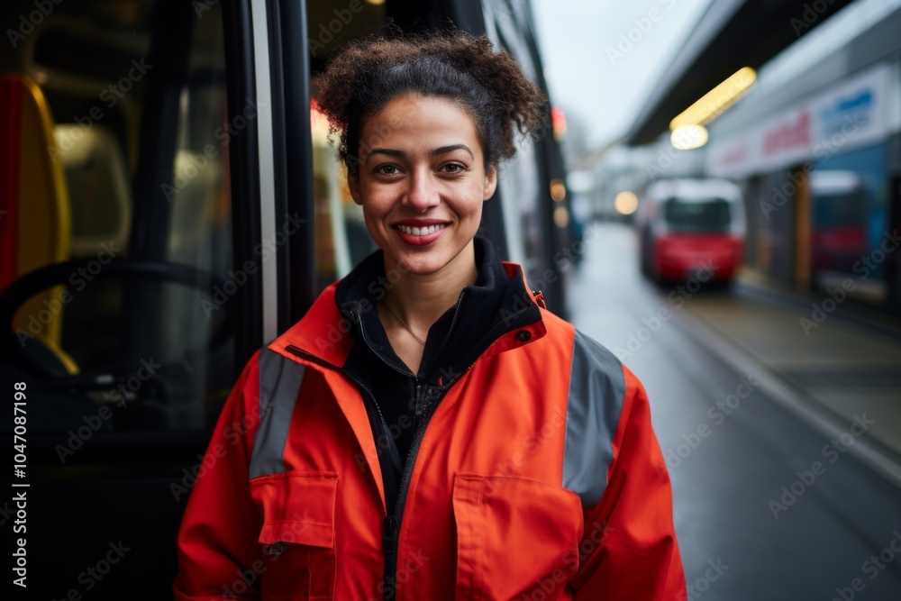 Portrait of a middle aged African American female bus driver during winter Portrait of a middle aged African American female bus driver during winter