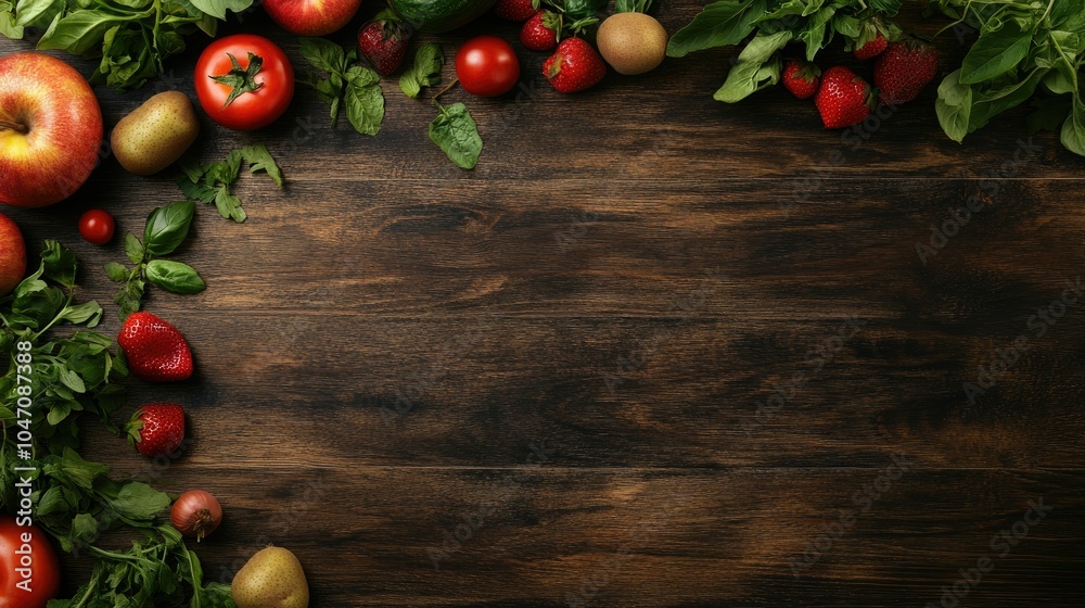 Fresh fruits and vegetables scattered on a wooden background, top view, with open copy space available for text Fresh fruits and vegetables scattered on a wooden background, top view, with open copy space available for text