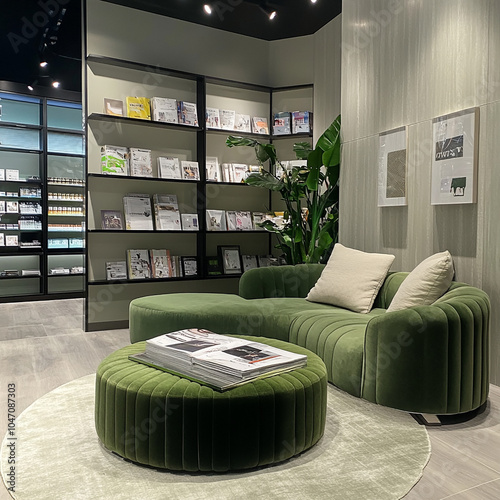 kith inspired store lounge with green accents and a nice round coffee table with magazine on top. akin to a aritzia photo