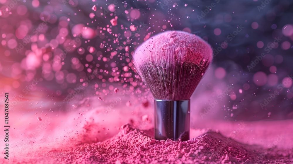 A vibrant makeup brush surrounded by pink powder, with particles seemingly suspended in the air, creating a visually striking and dynamic aesthetic.