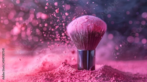 Obraz na płótnie A vibrant makeup brush surrounded by pink powder, with particles seemingly suspended in the air, creating a visually striking and dynamic aesthetic. w salonie