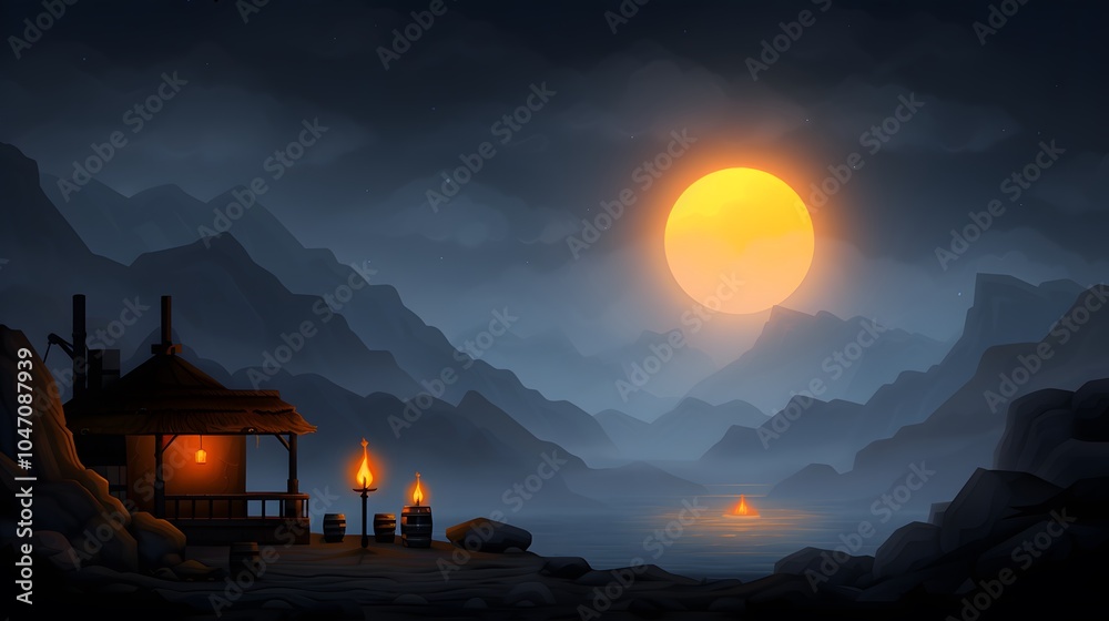 Fototapeta premium Cozy Tavern in a Mountainous Landscape at Night
