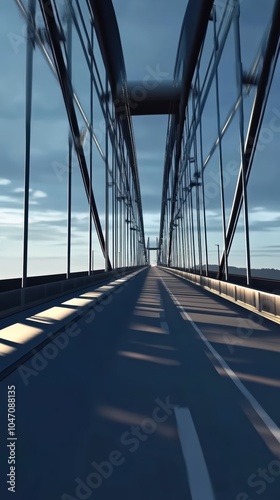 Driving on empty bridge during sunset creating long shadows