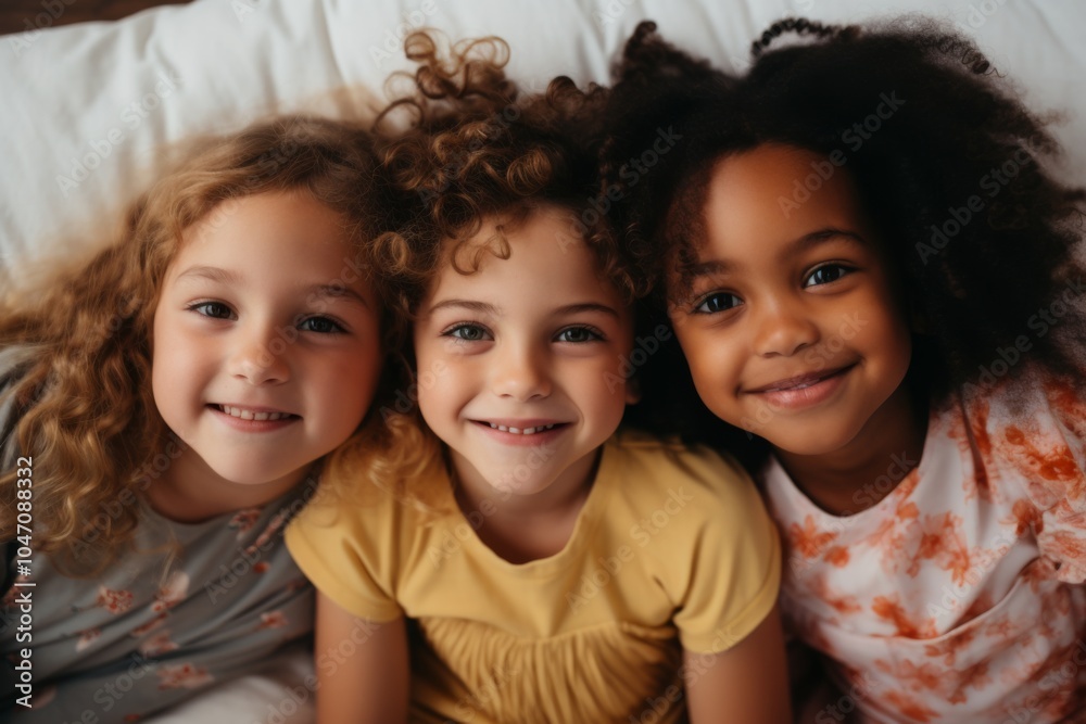 Portrait of smiling diverse three little girls laying in bed Portrait of smiling diverse three little girls laying in bed