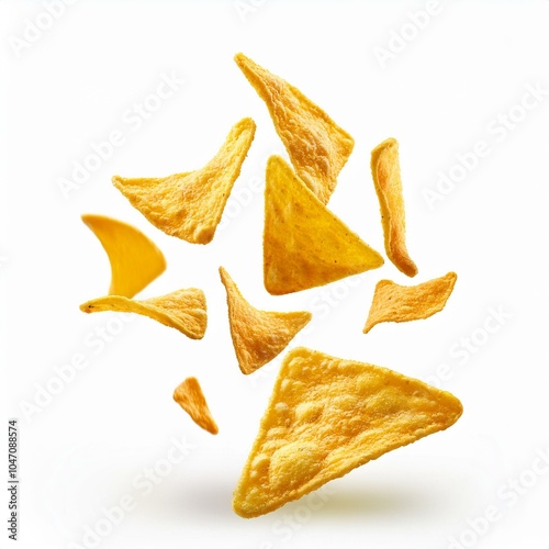 Triangular shaped corn chips levitate isolated on white background