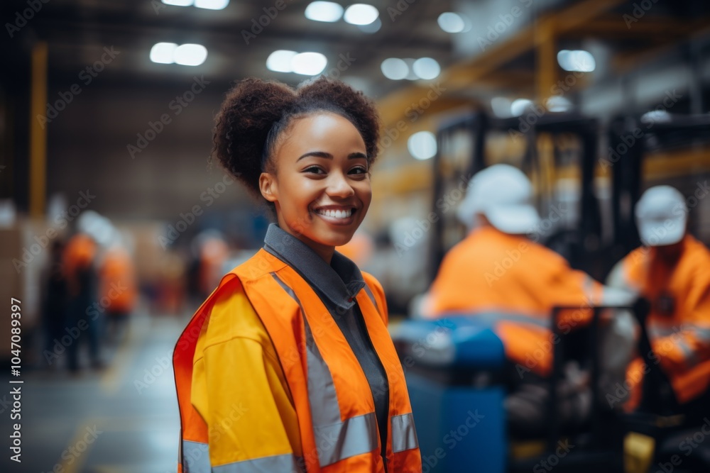 Smiling portrait of a young woman working in factory Smiling portrait of a young woman working in factory