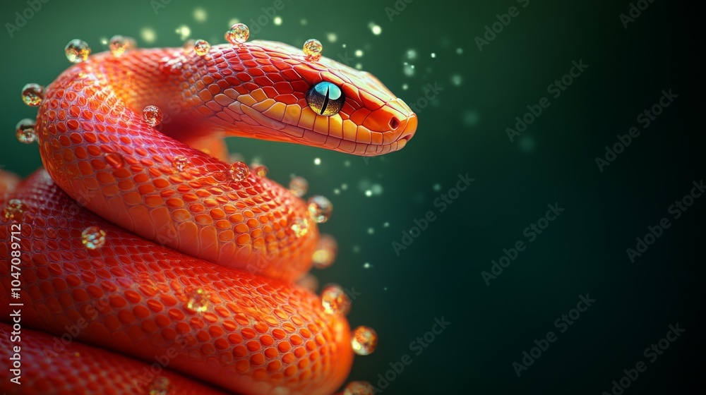 Fototapeta premium Merry Christmas and Happy New year 2025 with cute snake in xmas hat. Banner with copy space. Animal holidays cozy home party photo.