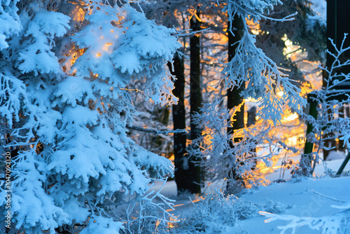 Spruce branches covered in snow, fir tree close up. Christmas symbols in nature, selective focus photo